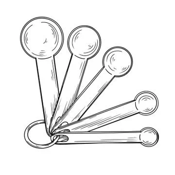 Sketch of different measuring spoons isolated on white background. Vector Illustrazione stock