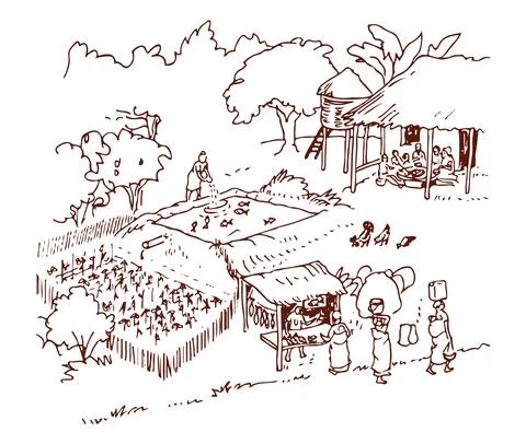 Sketch of doing different types of work by Former in a agricultural field, ho Stock Illustration