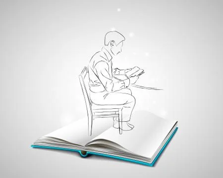 Sketch Doodle man sitting at the table on a chair and reading book. Stock Illustration