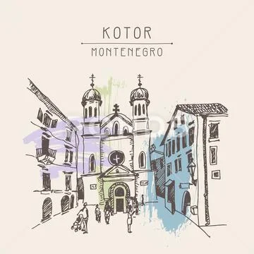 Sketch drawing of Church of Saint Tryphon in Kotor Montenegro Stock Illustration