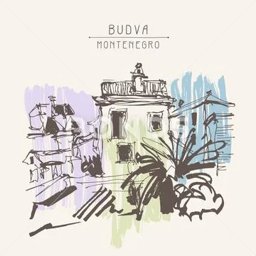Sketch drawing of historical building with palm in Budva Montene Stock Illustration