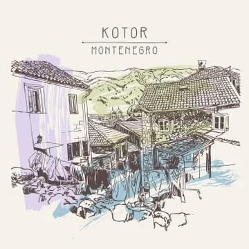 Sketch drawing of old town view Kotor Montenegro Stock Illustration
