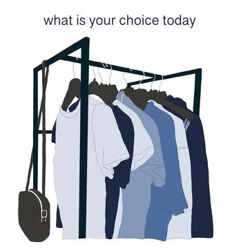 Sketch drawing on white background. where is a rail with clothes in a blue co Stock Illustration