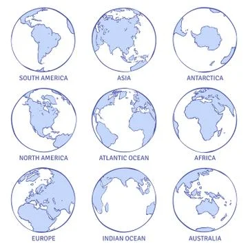 Sketch earth. Map world hand drawn globe, earth circle concept continents Stock Illustration