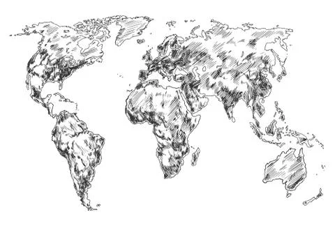Sketch of Earth world map. Hand drawn continents Stock Illustration