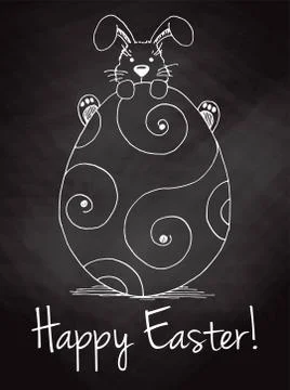 Sketch of Easter bunny and Easter egg on the chalkboard. Vector. Happy easter 스톡 일러스트