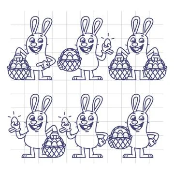 Sketch Easter Bunny Holding Egg and Basket Set Characters Stock Illustration