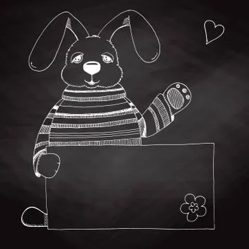 Sketch Easter bunny with a poster on the chalkboard. Vector. Stock Illustration