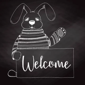 Sketch Easter bunny with a poster on the chalkboard. Vector. Stock Illustration