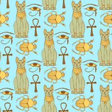 Sketch Egyptian cat, bug, Osiris eye  in vintage style Stock Illustration