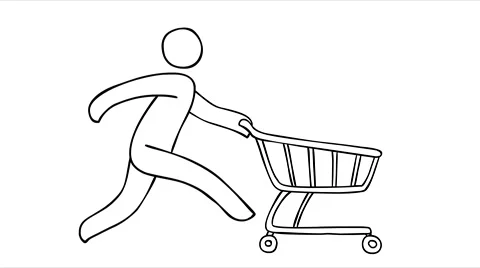 Sketch of a faceless man running very fast with an empty grocery cart on whee Video stock 67402805