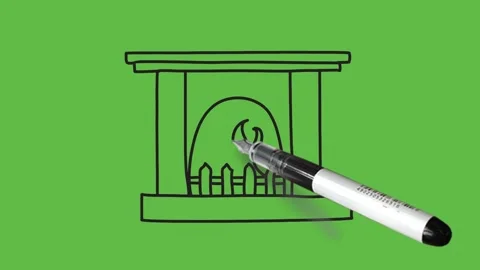 Sketch fire in grey and brown colour fire place with black outline on green 動画素材 157614420