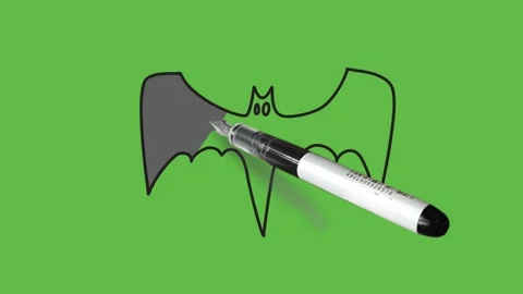 Sketch flying grey bat with large wing with black outline on green background Vidéo 157615087