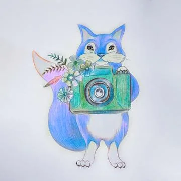 Sketch of fox with green camera on a white background. 스톡 일러스트