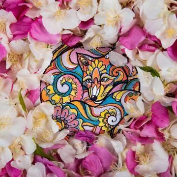 Sketch of a fox in a pattern in the beautiful petals of a wild rose. Stock Illustration