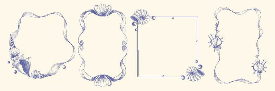 Sketch frames set with seashell decoration Stock Illustration