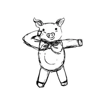 Sketch of a funny dancing pig with a bow Stock Illustration
