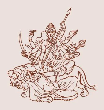 Sketch of Goddess Durga Matha or Chamundi closeup face editable outline illus Stock Illustration