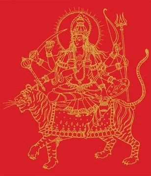 Sketch of Goddess Durga Matha or Chamundi closeup face editable outline illus Stock Illustration