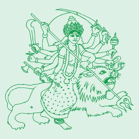 Sketch of Goddess Durga Matha or Chamundi closeup face editable outline illus Stock-Illustration