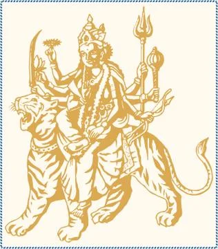 Sketch of Goddess Durgi or Durga Maa Sitting above the Tiger and Lion Killing Illustrazione stock