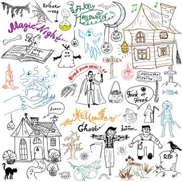 Sketch of halloween design elements with pumpkin, witch, cat, ghost, skull, b Stock Illustration