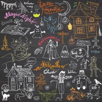 Sketch of halloween design elements with pumpkin, witch, cat, ghost, skull, b Stock Illustration