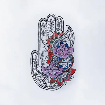 Sketch of hamsa with patterns on white background. Stock Illustration