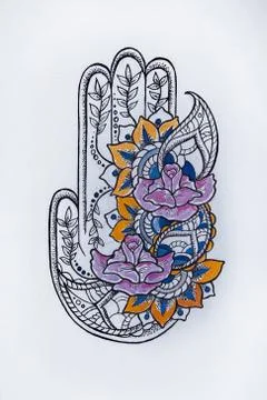 Sketch of hamsa with patterns on white background. Stock Illustration