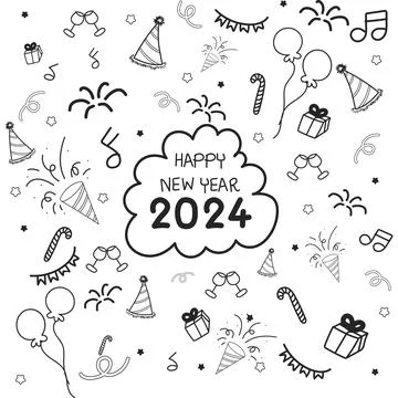 Sketch hand drawn doodle set of new year objects and descriptions, Happy new Stock Illustration