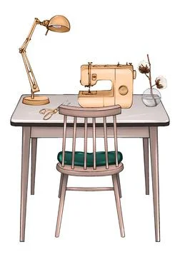 Sketch hand drawn sewing machine on the table. Modern illustration of a sewing 库存插图