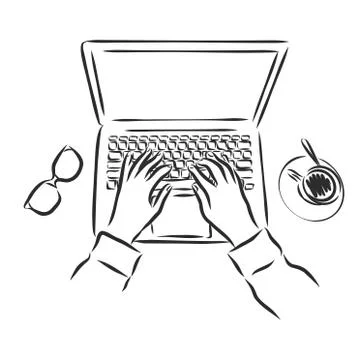Sketch of hands with computer, man doing office work, top view, hand drawn ve Stock Illustration