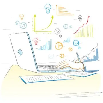 Sketch hands using laptop drawing financial graph 스톡 일러스트