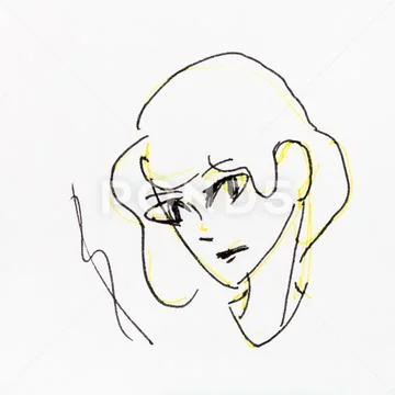 Sketch of head of attentive girl hand drawn by ink: Royalty Free #107915658