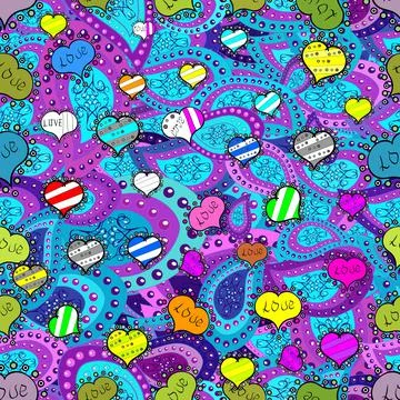 Sketch heart elements on black, violet and blue colors. Valentine':s day. Wrappi Stock Illustration