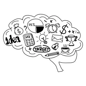 Sketch of a human brain with idea and planning icons Stock Illustration