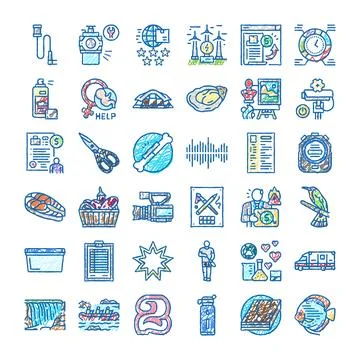 Sketch icons collection representing various concepts and themes Stock Illustration