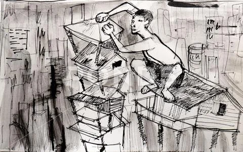 Sketch idea of artist,concept for old house in big city Stock Illustration