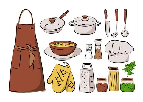 Sketch image, illustration of kitchenware, utensils, textiles and condiments Stock Illustration