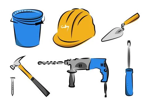 Sketch image of tools for construction and repair, construction bucket, hammer Stock Illustration