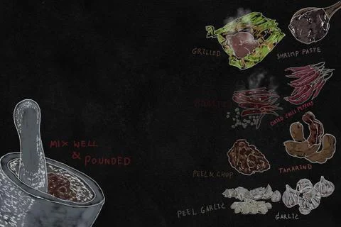 Sketch of ingredient of Thai Chilli Pepper Sauce 库存插图