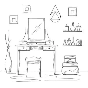 Sketch interior. Dressing table and other furniture. Vector illustration Stock Illustration