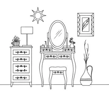 Sketch interior, dressing table and other furniture. Vector illustration Stock Illustration