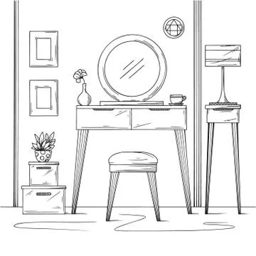 Sketch interior. Dressing table and other furniture. Vector illustration Stock Illustration