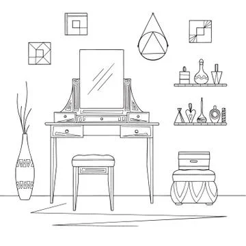Sketch interior. Dressing table and other furniture. Vector illustration Stock Illustration