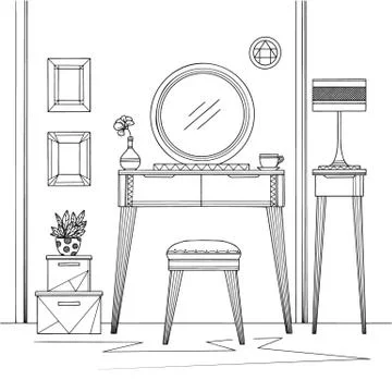 Sketch interior. Dressing table and other furniture. Vector illustration Stock Illustration