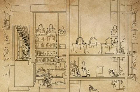Sketch of the interior of the store. Hand drawn illustration Stock Illustration