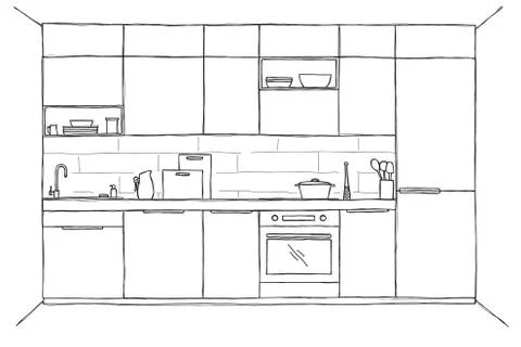 Sketch of the kitchen, front view. Vector Illustrazione stock