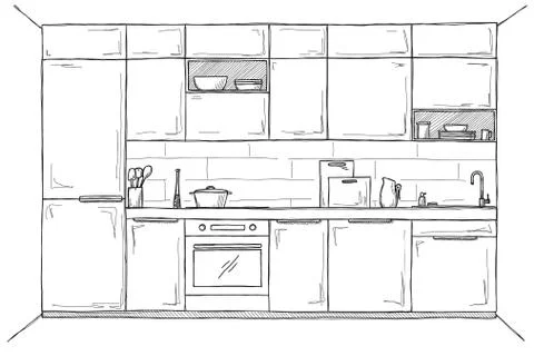 Sketch of the kitchen, front view. Vector Stock Illustration