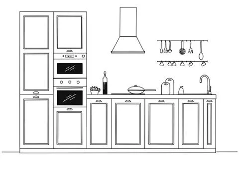 Sketch of the kitchen front view. Vector Stock Illustration